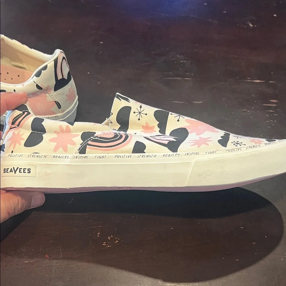 SeaVees Cream, pink and Black Patterned Slip-On Shoes breast cancer awareness